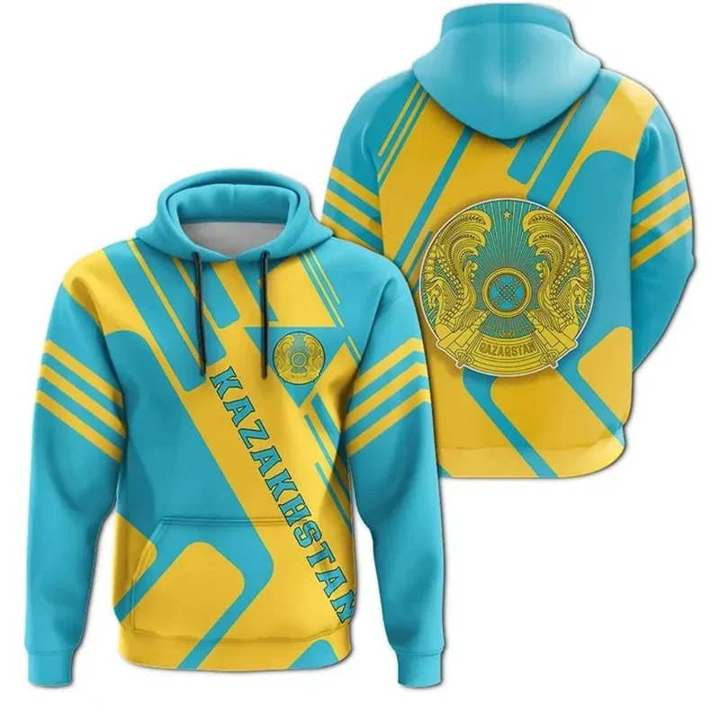 The Republic-of Kazakhstan Map Flag 3D Printing Hoodies Kazakhstan Coat Of Arms Graphic Hooded Sweatshirts Vintage Mens Clothing