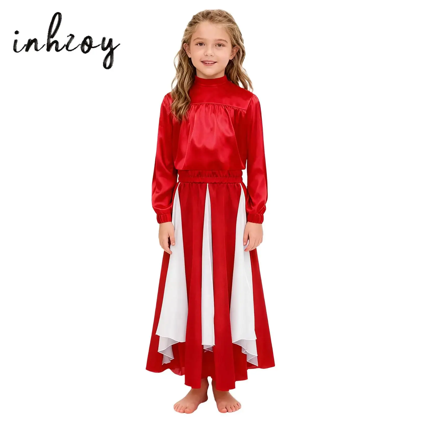 

Kids Girls Liturgical Praise Dance Outfit Mock Neck Long Sleeve Satin Top+Color Block Wide Hemline Chiffon Panel Satin Skirt Set