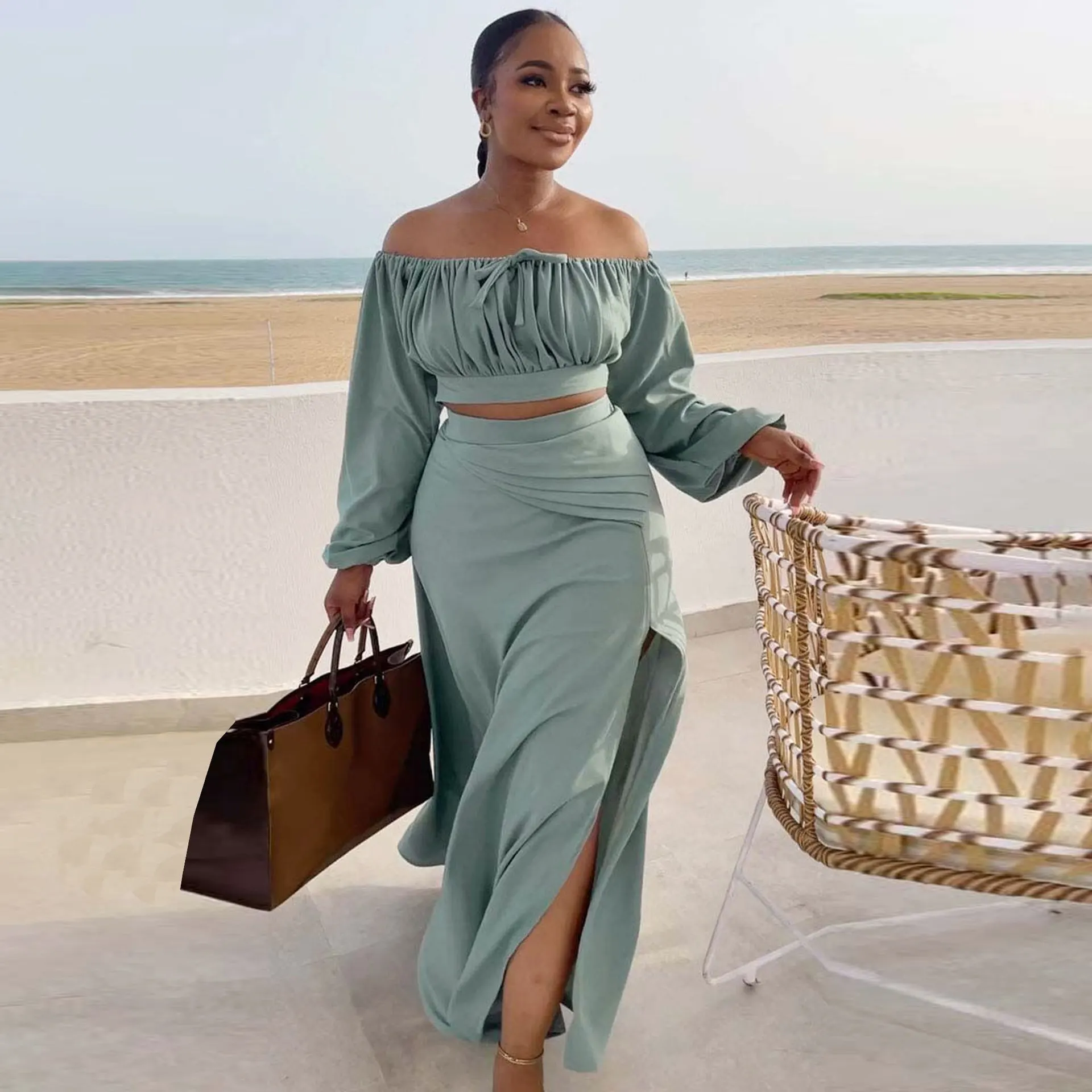 

Women Sexy Skirt Sets Two Piece Long Sleeve Slash Neck Top Drawstring Solid Casual Long Skirts A Line Elegant Lady Beach
