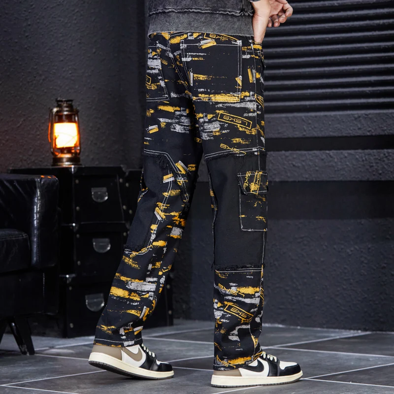 2024 New Denim Trousers Men's Street Fashion Cowboy Black Printing Stitching Contrast Color Multi-Pocket Decorative Trousers