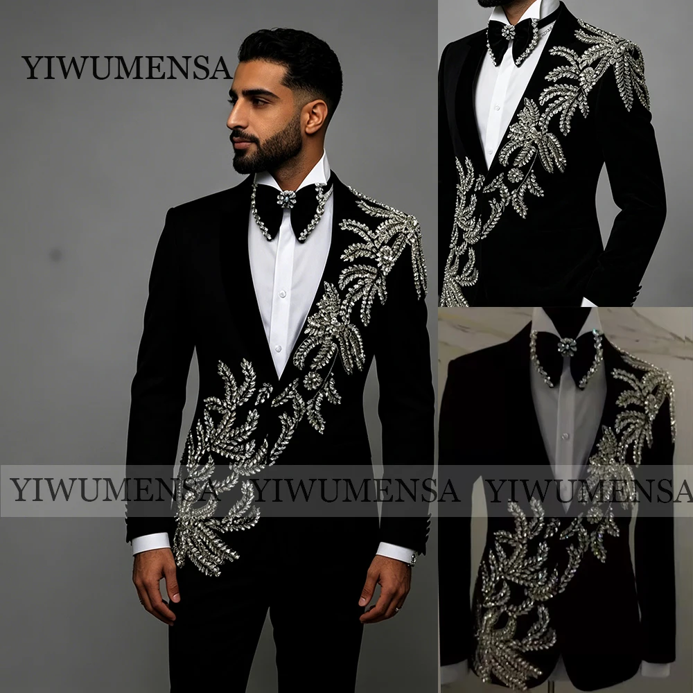 

Male Fashion Suit Men Formal Wear Diamond Beaded Jacket Pants 2 Piece Sets Groom Tuxedo Attire Custom Made Trajes Para Hombre