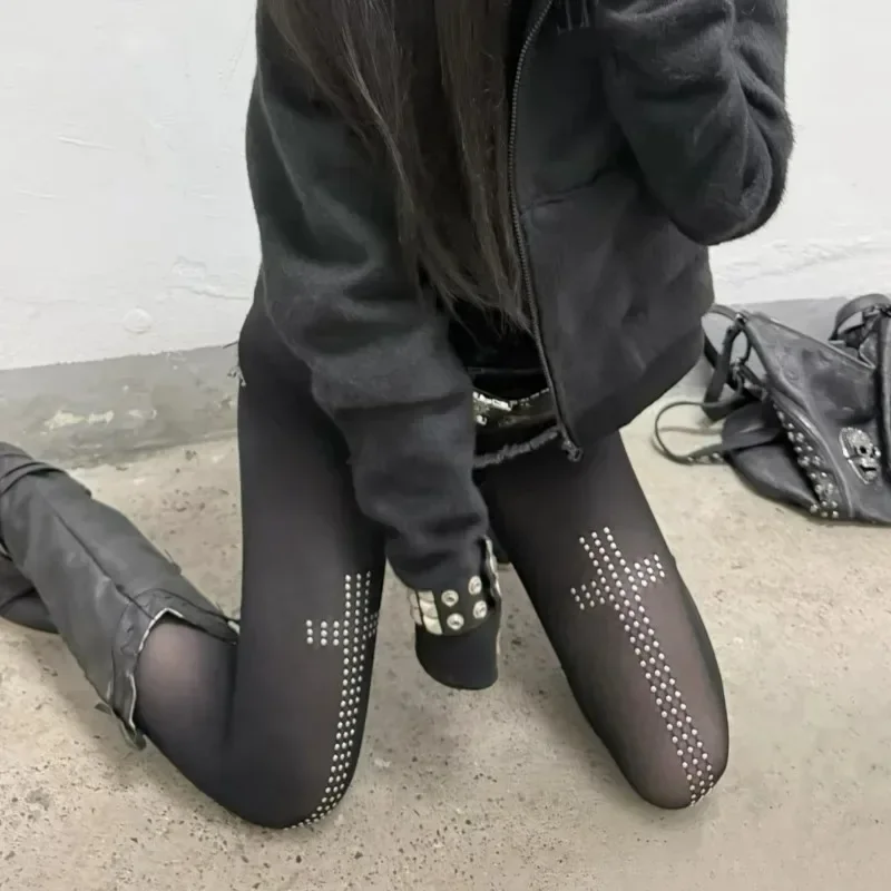 جديد القوطي لوليتا تأثيري JK الفتيات الجوارب النساء مثير الرجعية القوطية Kawaii الصليب حجر الراين جوارب جوارب النايلون جوارب طويلة #6