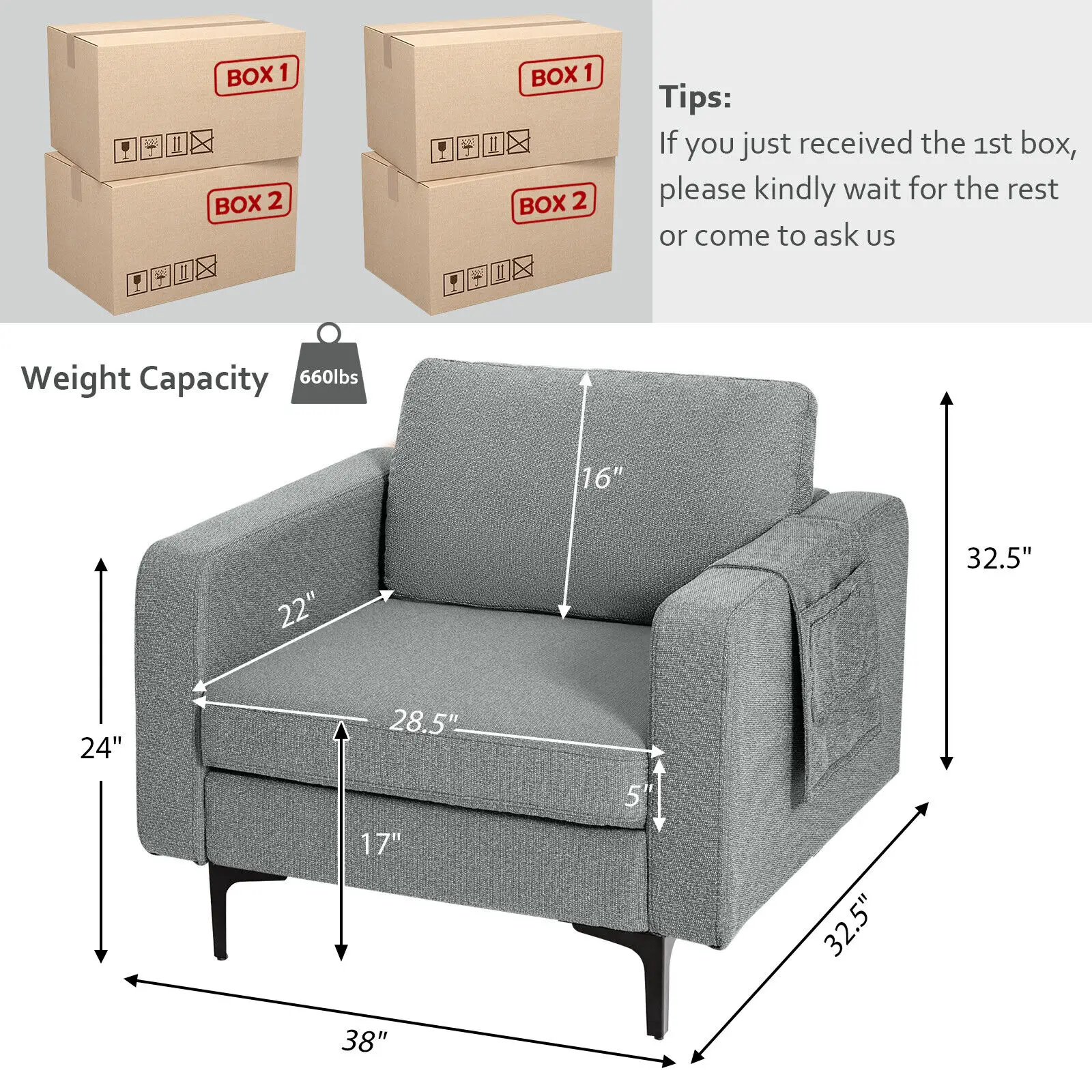 Costway Set of 2 Fabric Accent Armchair Single Sofa w/ Side Storage Pocket Dark Grey