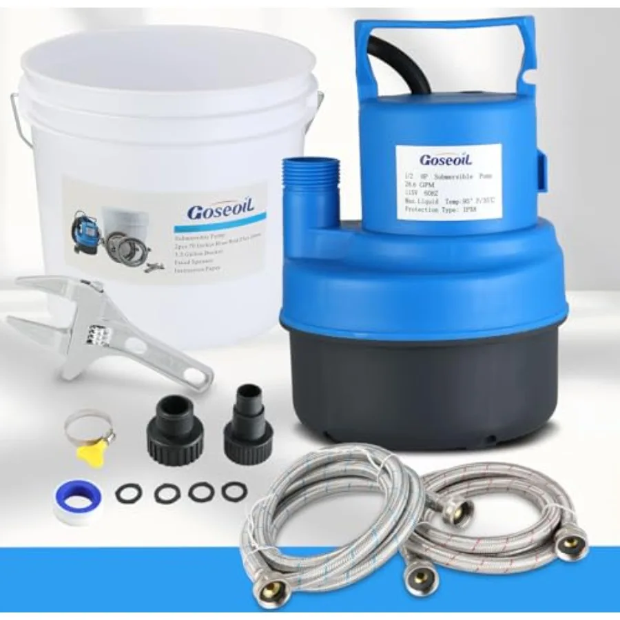 

Tankless Water Heater Flush Kit with 1/2HP Submersible Pump, Two 6FT Stainless Steel Hoses, 3.5 Gallon Bucket and Steel Spanner