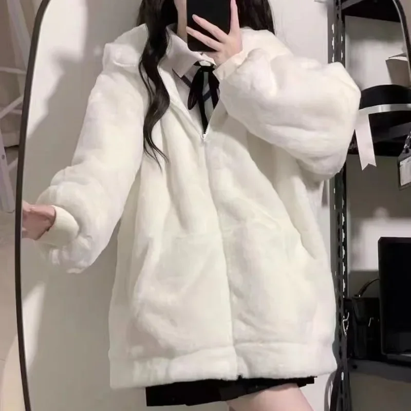 Women Zip Hoodie Thicken Fuzzy Fleece Sweatshirts Harajuku Bear Ear Oversize White Coats Cute Soft Winter Outerwear New