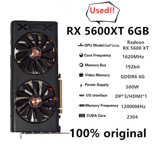 Imagen 2 del producto XFX-tarjeta gráfica de juegos RX 5600XT, tarjeta gráfica de ordenador GDDR6, placa de vídeo, tarjeta de función de visualización de RX-56XT66WD6, original