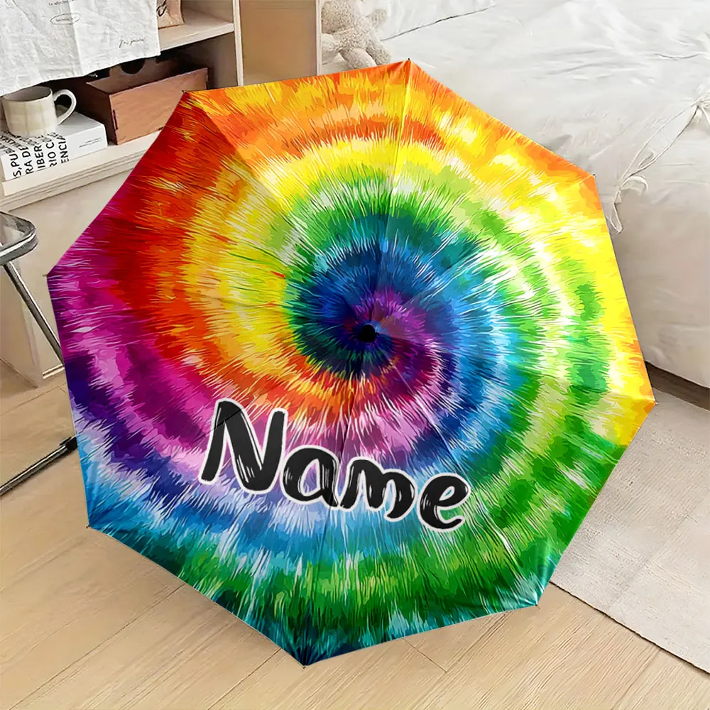 Custom Name Umbrella, Rainbow Spiral Tie-Dye Pattern with Customizable Name Design Folding Umbrella for Sunny and Rainy,Gift