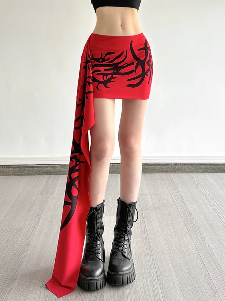 AltGoth Emo Alt Y2k Red Skirt Women Cyber Punk Mall Gothic Streetwear Harajuku Grunge Thorns Printed Ribbon Patchwork Mini Skirt