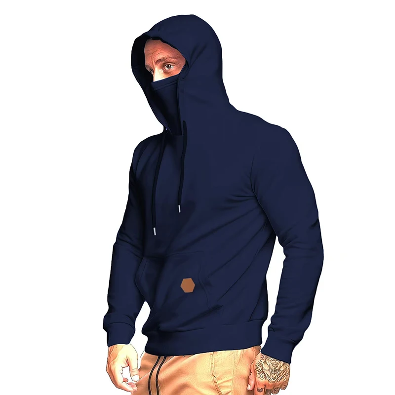 Men Casual Long Sleeve Streetwear Hip Hop Hoodie Solid Color Drawstring Hooded Sweatshirts Ninja Mask Face Pullover Clothes Tops