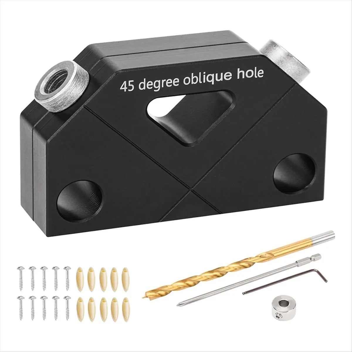 HITL Dowel Jig for Angled Dowel Joints, Dowel Jig Kit with Drill Bit,Hex Key, Stop Ring, Plastic Pocket Hole Plug and Screws