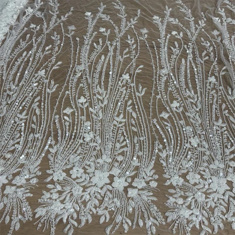 New White Super Luxury Wedding Dress Lace Fabric Heavy Bead Embroidery Mesh Gown Elegant Bridal Dress