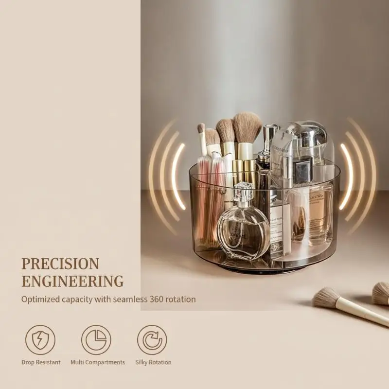 Clear 360° Rotating PET Cosmetic Organizer 4-Compartment Makeup Storage Box for Dresser Vanity Daily Use