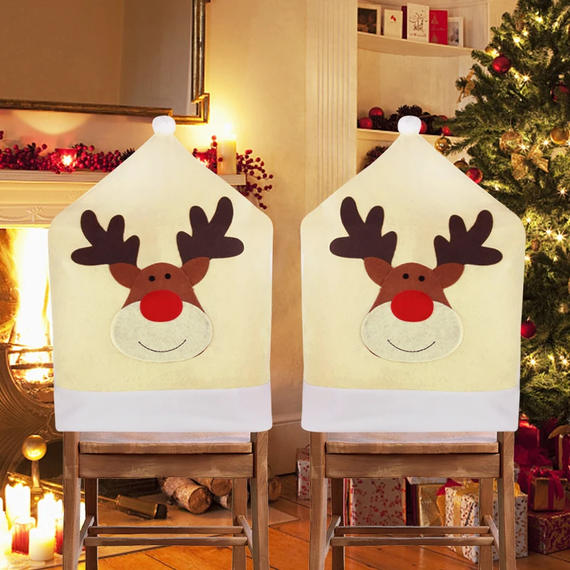 

1PC 50x60cm Christmas Cartoon Reindeer Chair Cover Soft Fabric Xmas Home Dining Holiday Chair Decoration