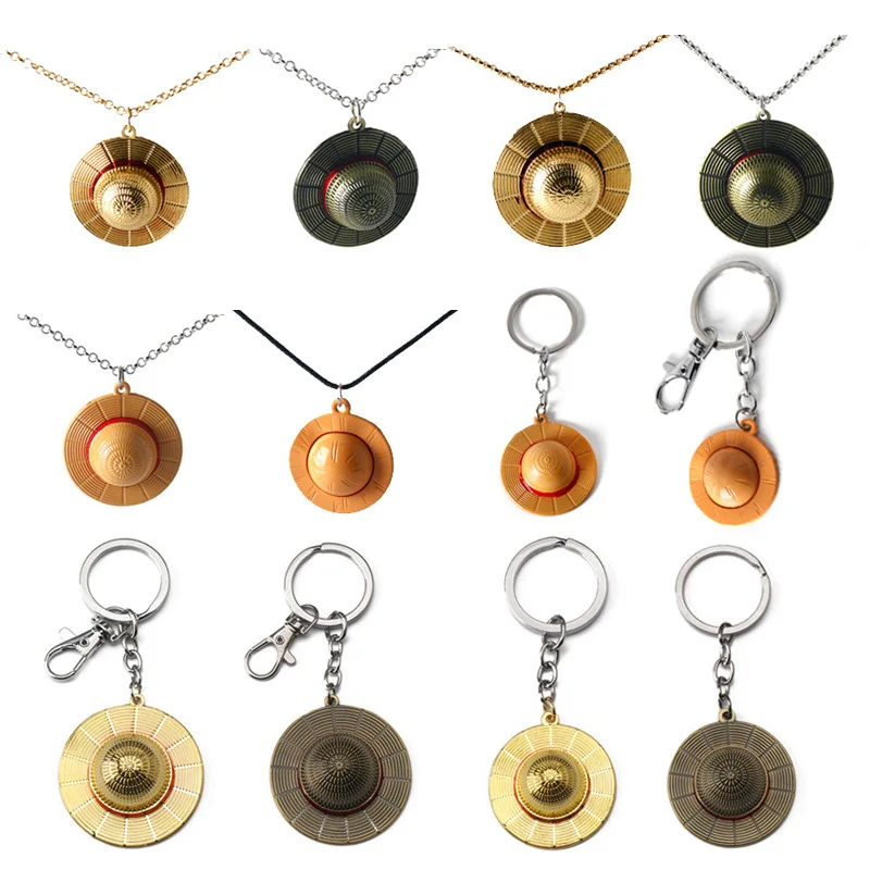 Anime One Piece Straw Hat Cap Necklace Luffy Straw Hat Alloy Keychain Circle Chain Pendant Gift Accessory