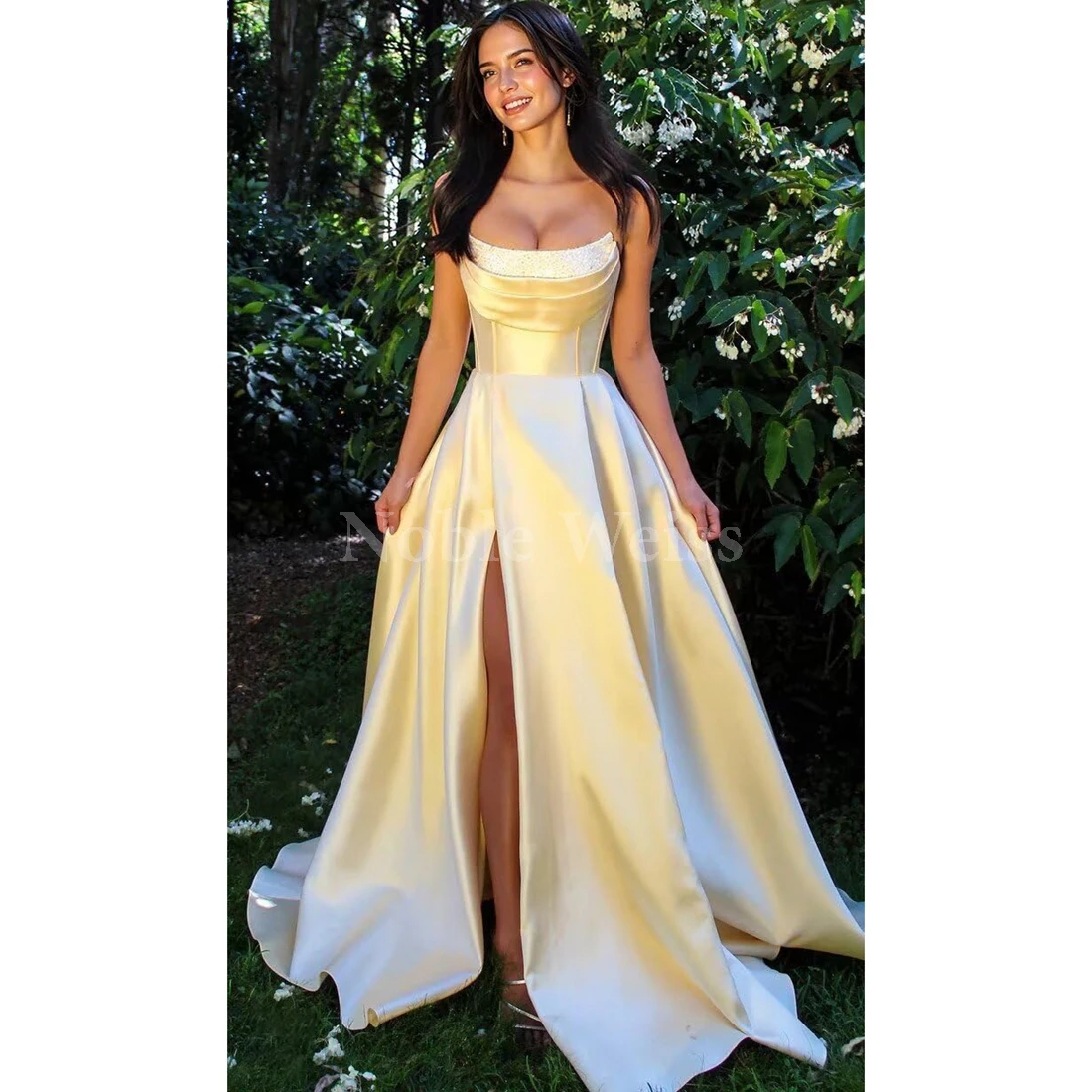 Women's Satin Prom Dresses with Slit A-Line Pockets O-Neck Evening Dresses Pleated Corset Formal Gowns Customize image 3