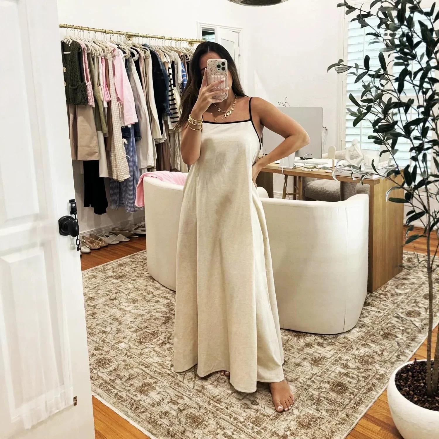 Women Adjustable Spaghetti Straps Sleeveless Backless Tie Dress Contrast Trim Casual Beach Vacation Wedding Guest Sundress