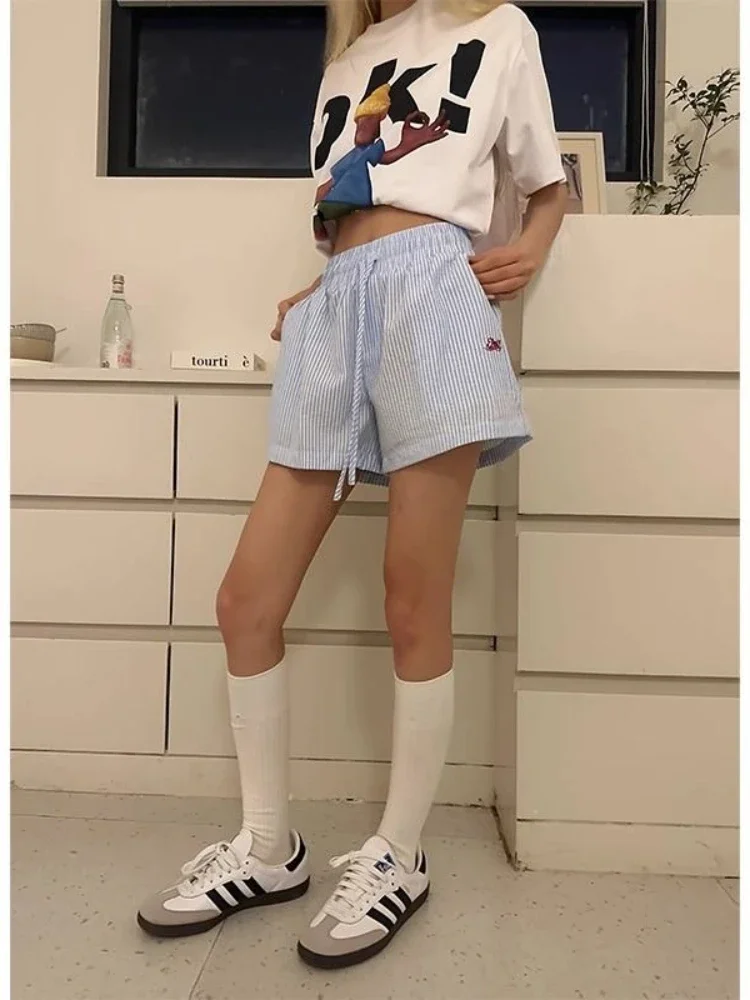 Y2k Striped Shorts Women Outwear Harajuku Blue Elastic Waist Short Pants Korean Fashion 2000s Y2k Vintage Casual Retro Trousers