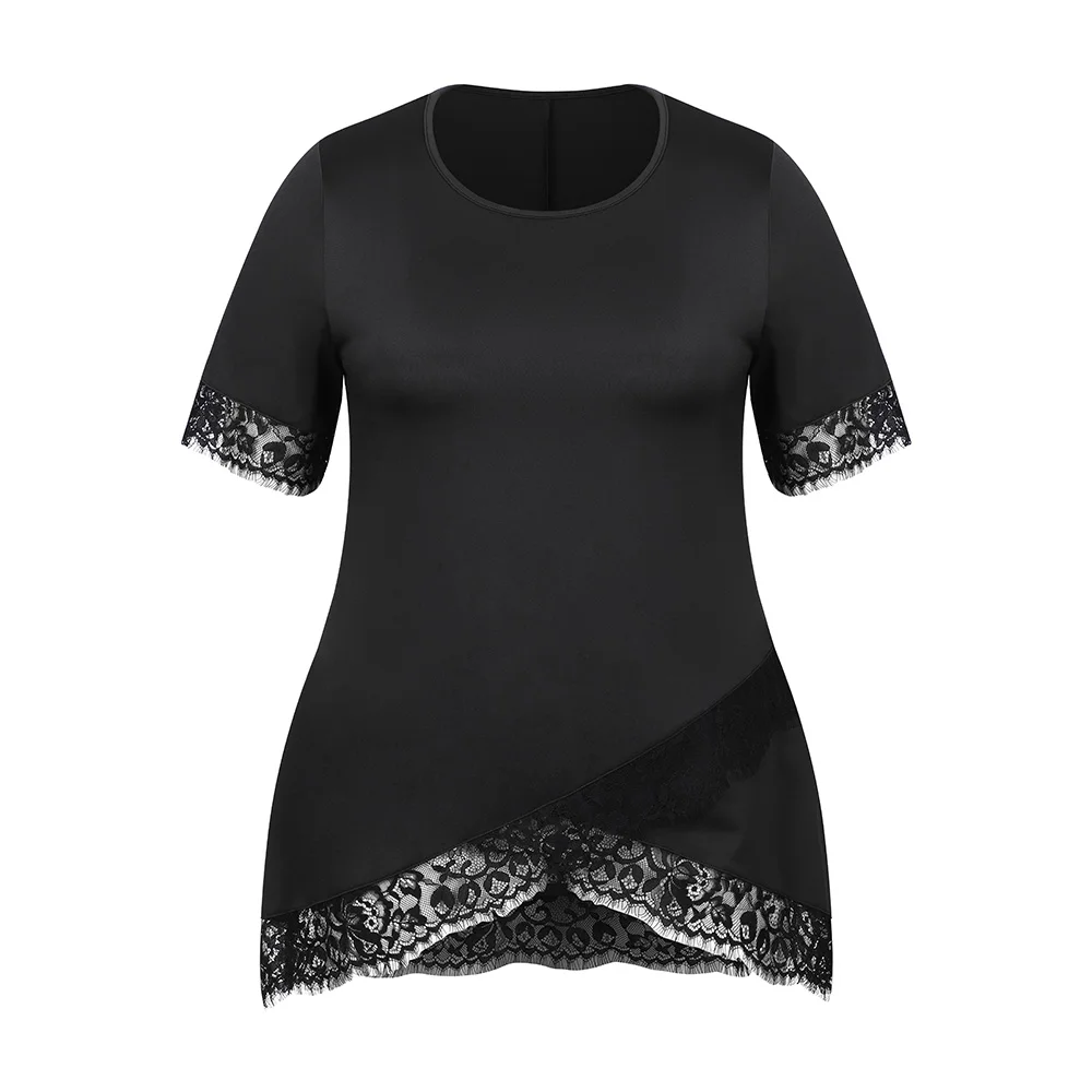 حجم كبير المرأة الصلبة الدانتيل الجولة الرقبة قصيرة الأكمام تونك القمم السيدات الصيف عطلة بلوزة كاجوال تي شيرت تي شيرت حجم 1XL-5XL