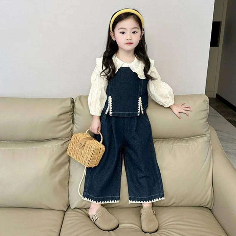 

2026Spring new fashion girls' stylish collared shirt set, trendy and versatile denim vest and casual pants for young children