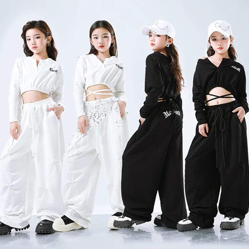 

Black Jazz Dance Outfit Children Performance Clothes Crop Tops Hip Hop Pants White Urban Dance Costume Kpop Fashion Clothes