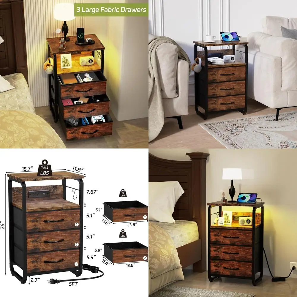 

Прикроватная тумбочка из ткани в деревенском стиле, коричневая, с 3 ящиками, зарядной станцией и крючками