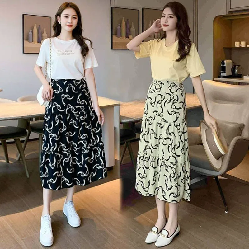 Chiffon printed half body cake skirt long high waist slimming temperament age reducing versatile skirt