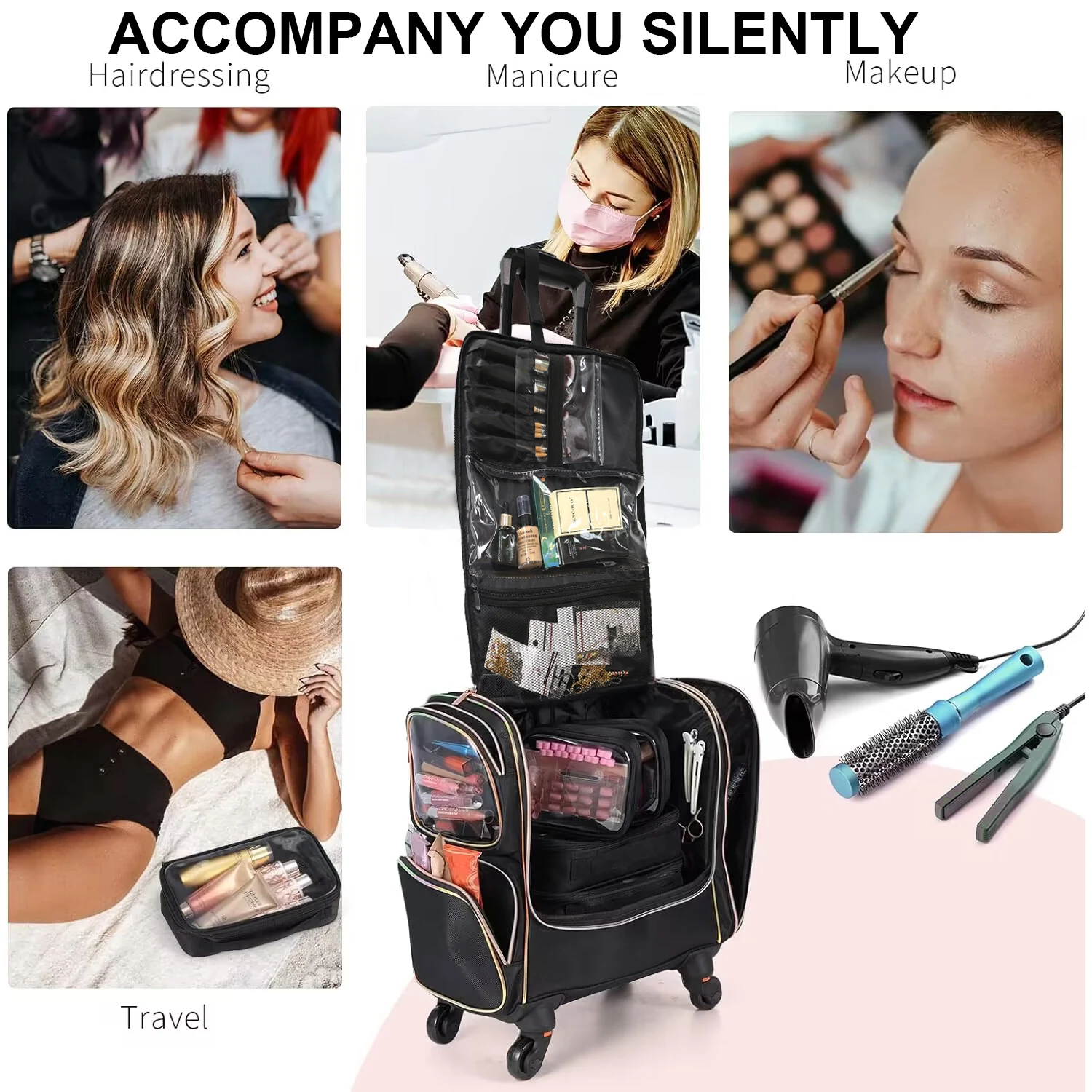 Borsa per trucco professionale di grande capacità per truccatori Custodia per cosmetici con rotelle Borsa per attrezzi multifunzionale in tessuto Oxford