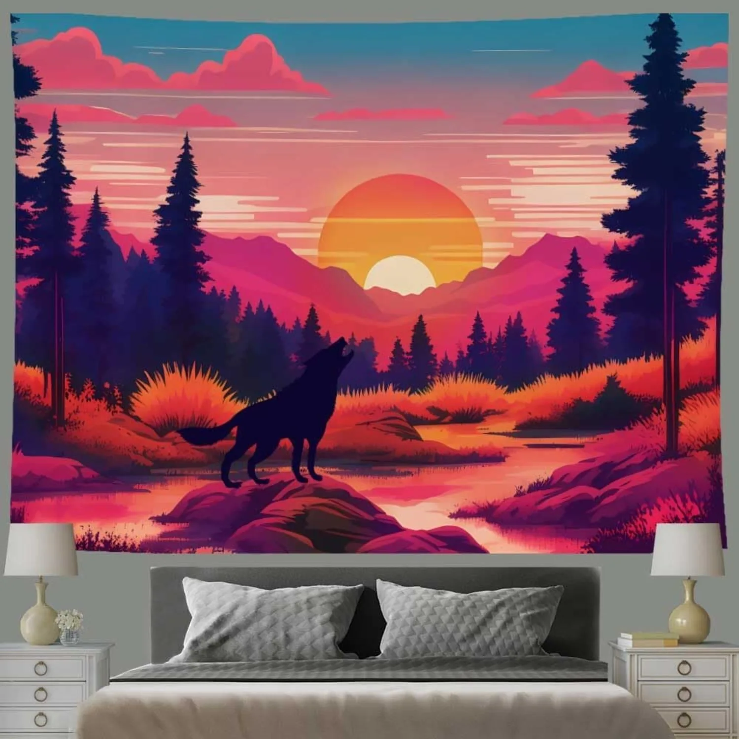 1pc Vintage-style wolf and mountain sunset tapestry, made of polyester, machine washable, suitable for bedroom living room décor
