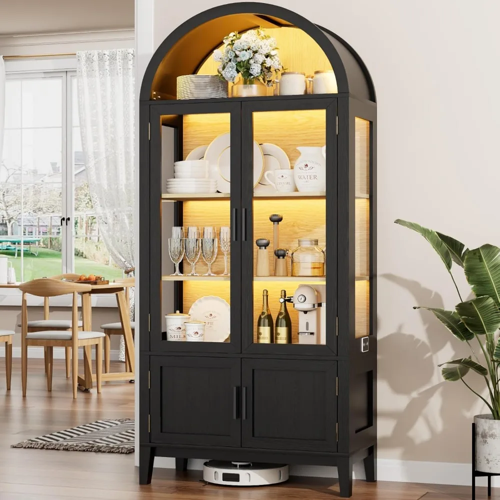 

71 Kitchen Pantry Cabinet, Arched Bookcase China Pantry Storage Cabinet with Glass Doors and Shelves, Human Body Sensor, Versati