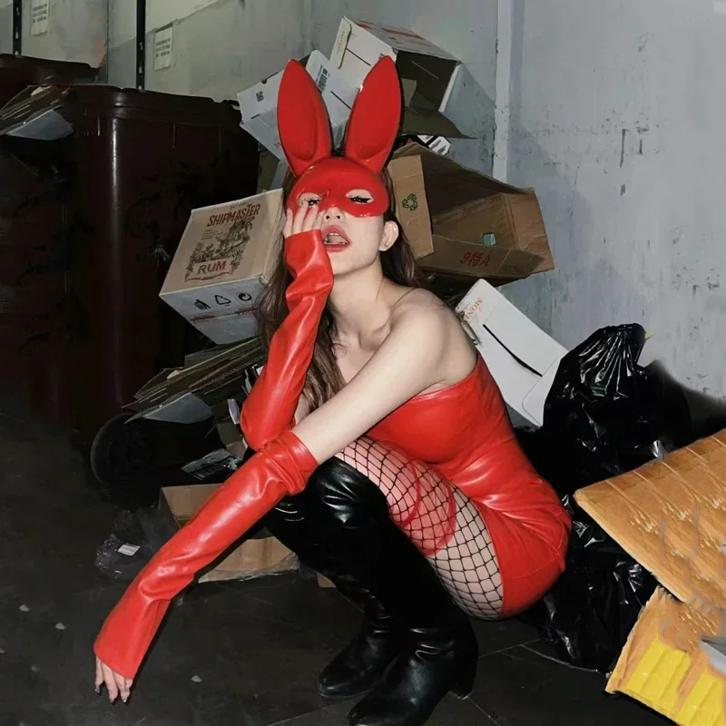 Sexy Red Bunny Cosplay Dress Little Devil PU Boob Tube Top DIY Halloween Costume For Women Club Dresses Bodycon Gangster Rabbit