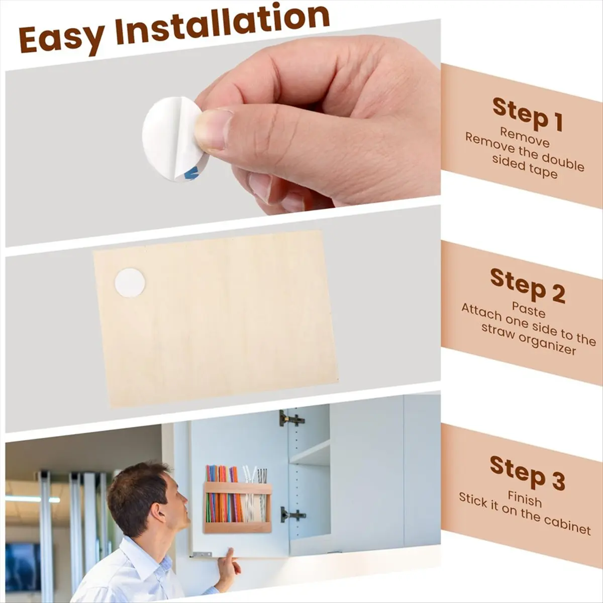ABPP Wooden Reusable Straw Dispenser Organizer Adhesive No Drill Installation Eco-Friendly Countertop Storage