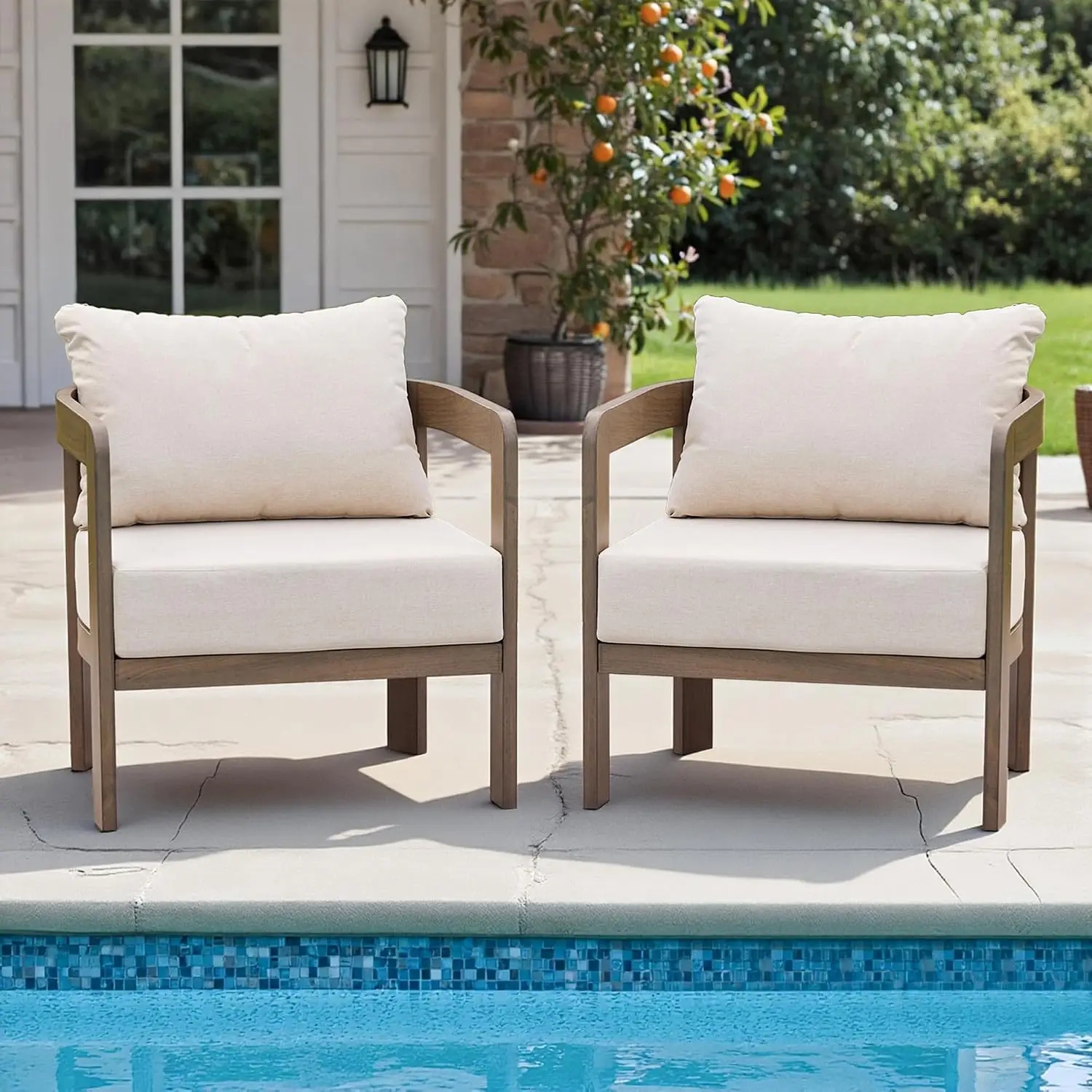 Set of 2 Metal Outdoor Patio Chairs with 6 Inch Thick Cushions for Backyard Garden Porch Balcony Beige