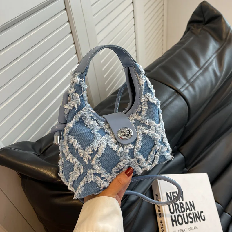 

2024 New Internet Celebrity With The Same Denim Diamond Grid Versatile Fashion Single Shoulder Crossbody Underarm Bag For