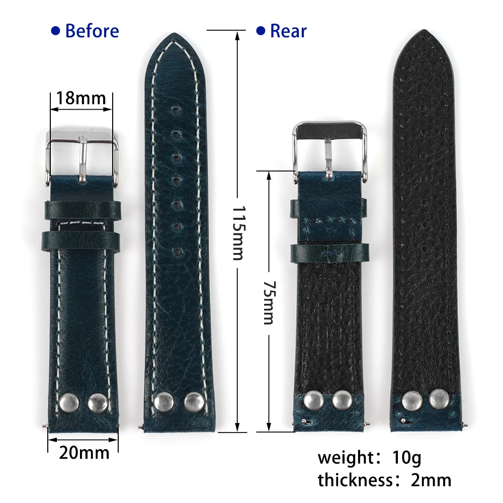 Correa de reloj de cuero genuino con remaches Retro para hombre, de 18mm pulsera de repuesto, 19mm, 20mm y 22mm, correa de cuero con cera de aceite