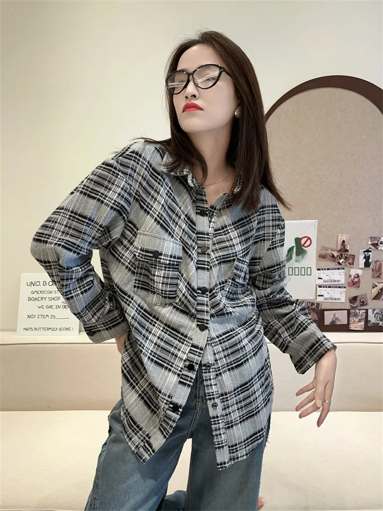 

SDNINEHOME Винтажная свободная длинная куртка в стиле стритстайл, универсальная верхняя одежда в белую клетку, модная женская куртка