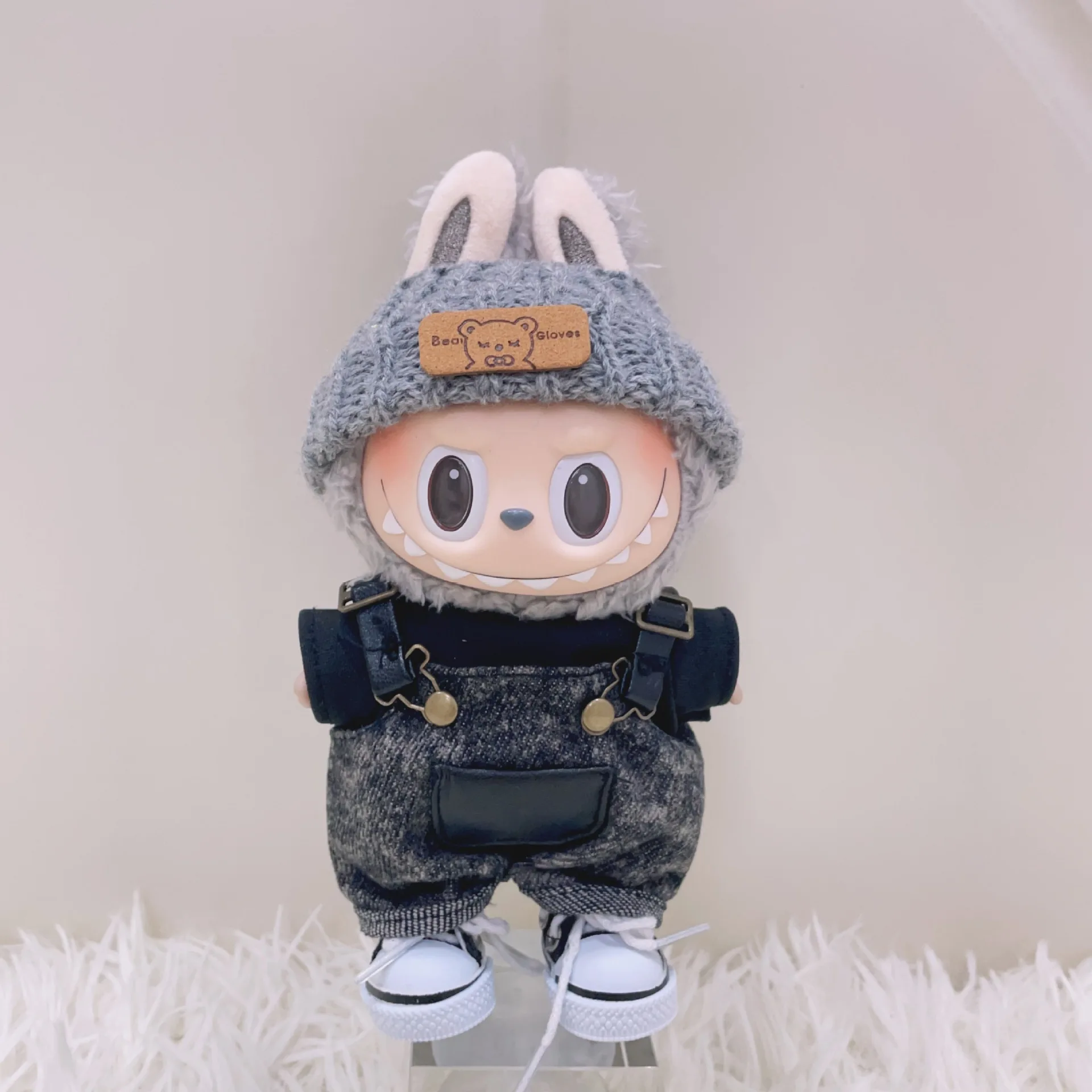 

Clothes For Labubu Cool Retro Gray Overalls And Hat Set Fits 15/17cm 1st 2nd 3rd Gen Trendy Doll Outfit Accessories
