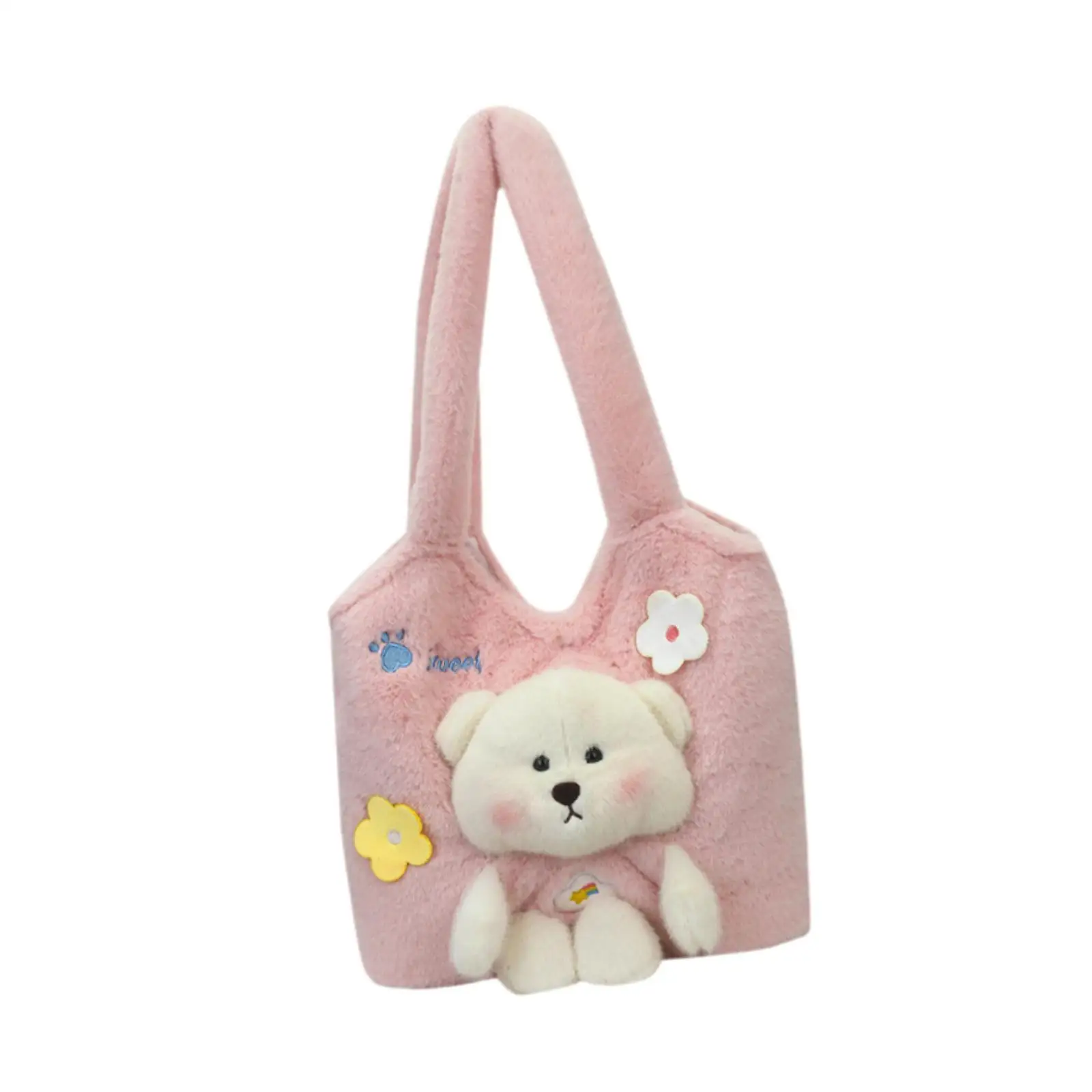 Large Capacity Women Shoulder Tote Bag Cute Bear Design Plush Handbag Casual Hobo Purse for Shopping Work Vacation