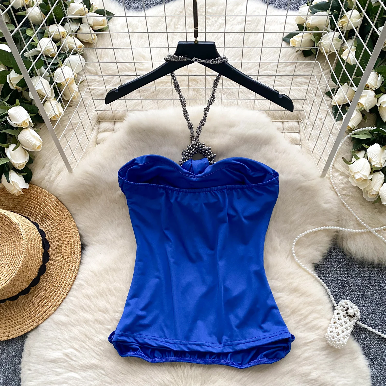 Clothland Women Sexy Beading Halter Blouse Diamonds Sleeveless Backless Shirt Chic Fashion Tops Mujer WA315