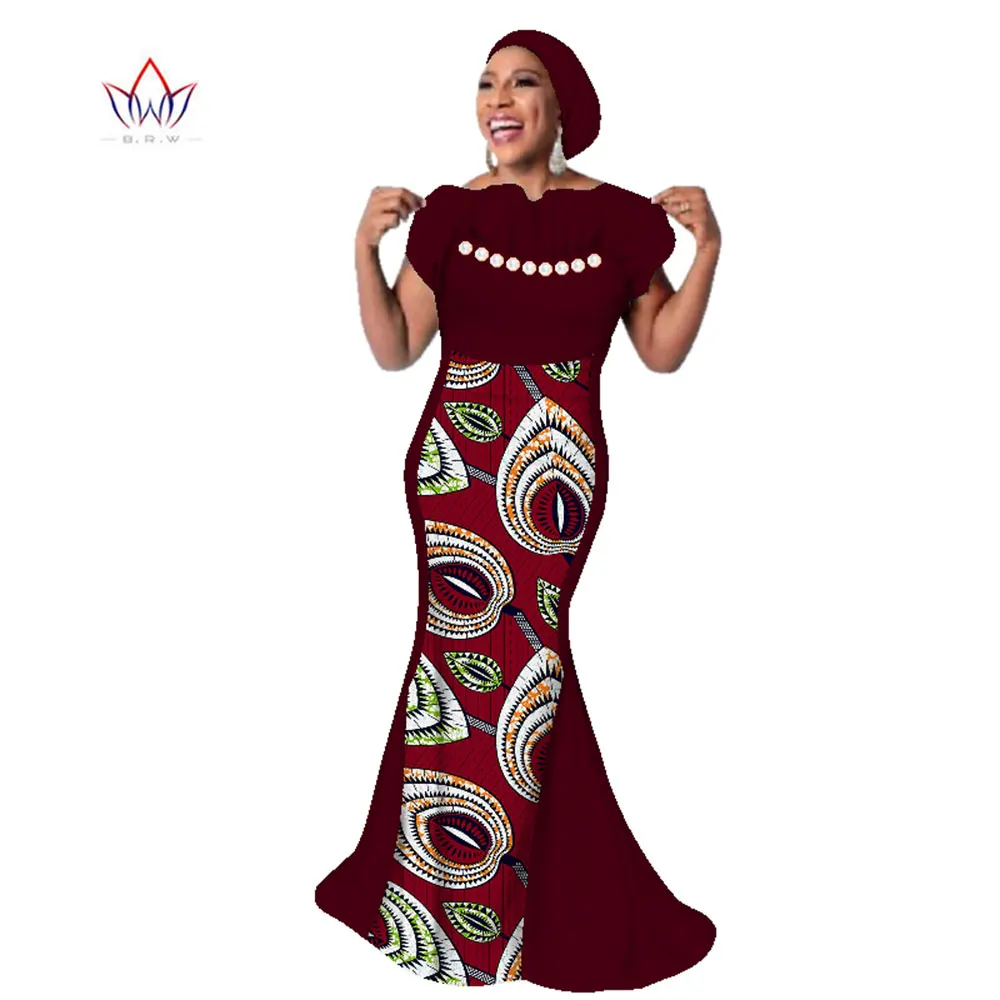 Ladies African Dashiki Mermaid Dress Matching Head Scarf Off Shoulder Beaded Spliced Wax Print Floor Length Party Dress