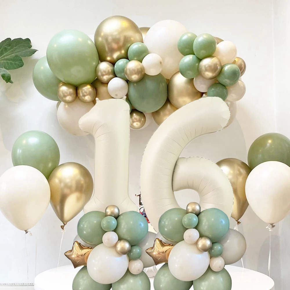 Vintage Beige Green Balloon Tower 32inch Creamy Foil Number Balloon For 30 40 50 Birthday Party Decorations DIY Gifts Supplies