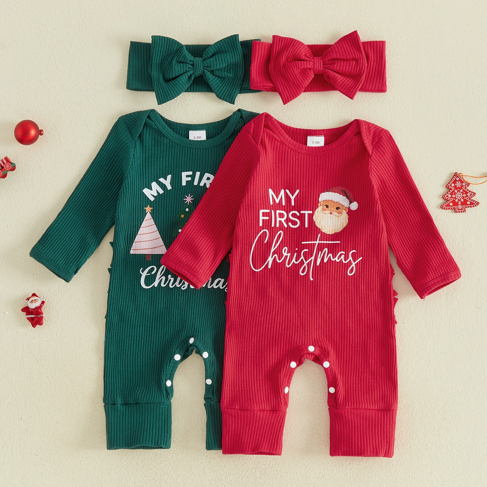 Baby Girl My First Christmas Jumpsuits Outfit Letter Long Sleeve Romper Bow Headband Xmas Costume