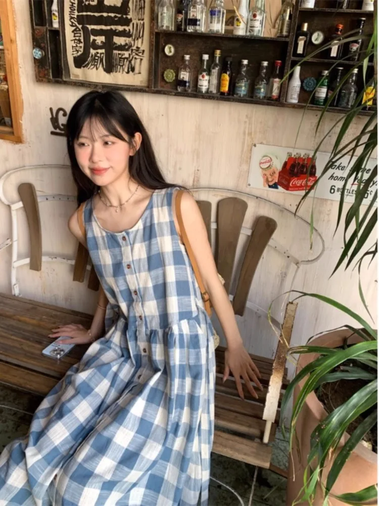 Korobov Vintage Plaid Sleeveless Tank Dress Women Summer 2024 New Lazy Casual Slimming Dresses Ins Korean Fashion A-line Skirt