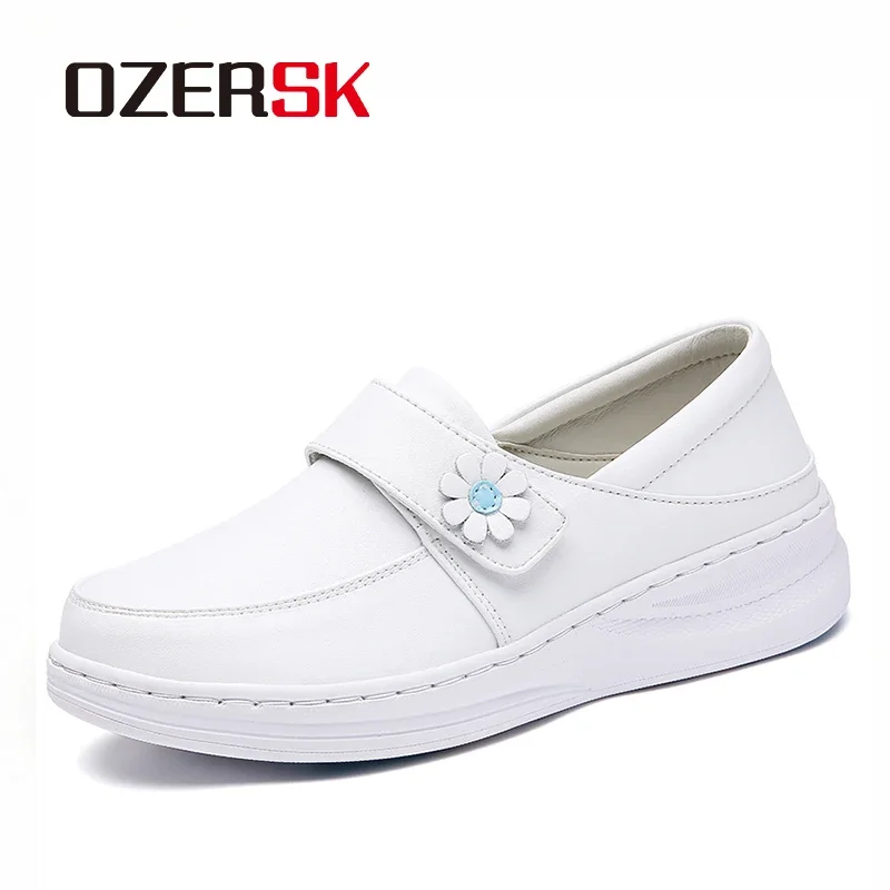 OZERSK Women Casual Shoes White Genuine Leather Plush Comfortable Soft Versatile Office Leisure Walking Nurse Work Shoes