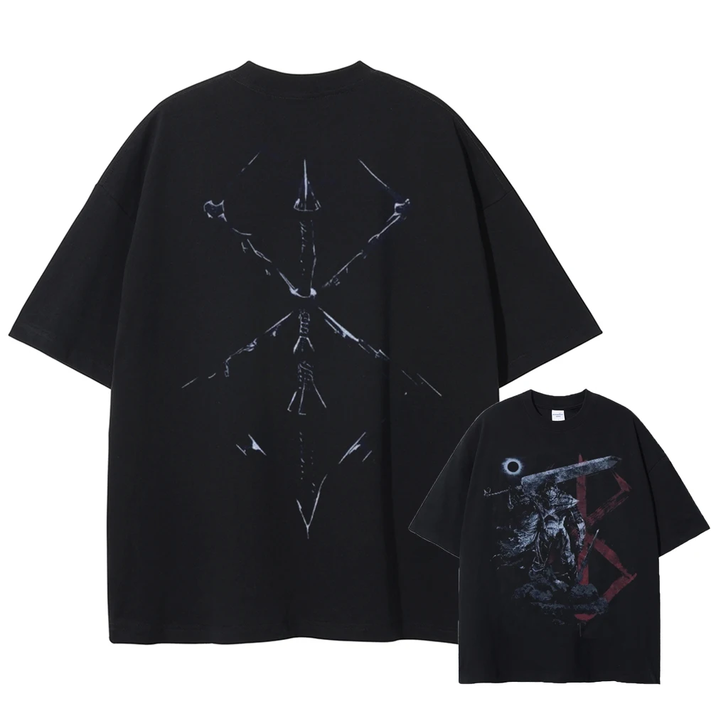 Berserk Guts Anime T-Shirt Herren Vintage Gewaschenes Schwarz Übergroßes Streetwear Baumwoll-Kurzarm-Shirt mit Grafik Unisex Oberteil – Detail 9