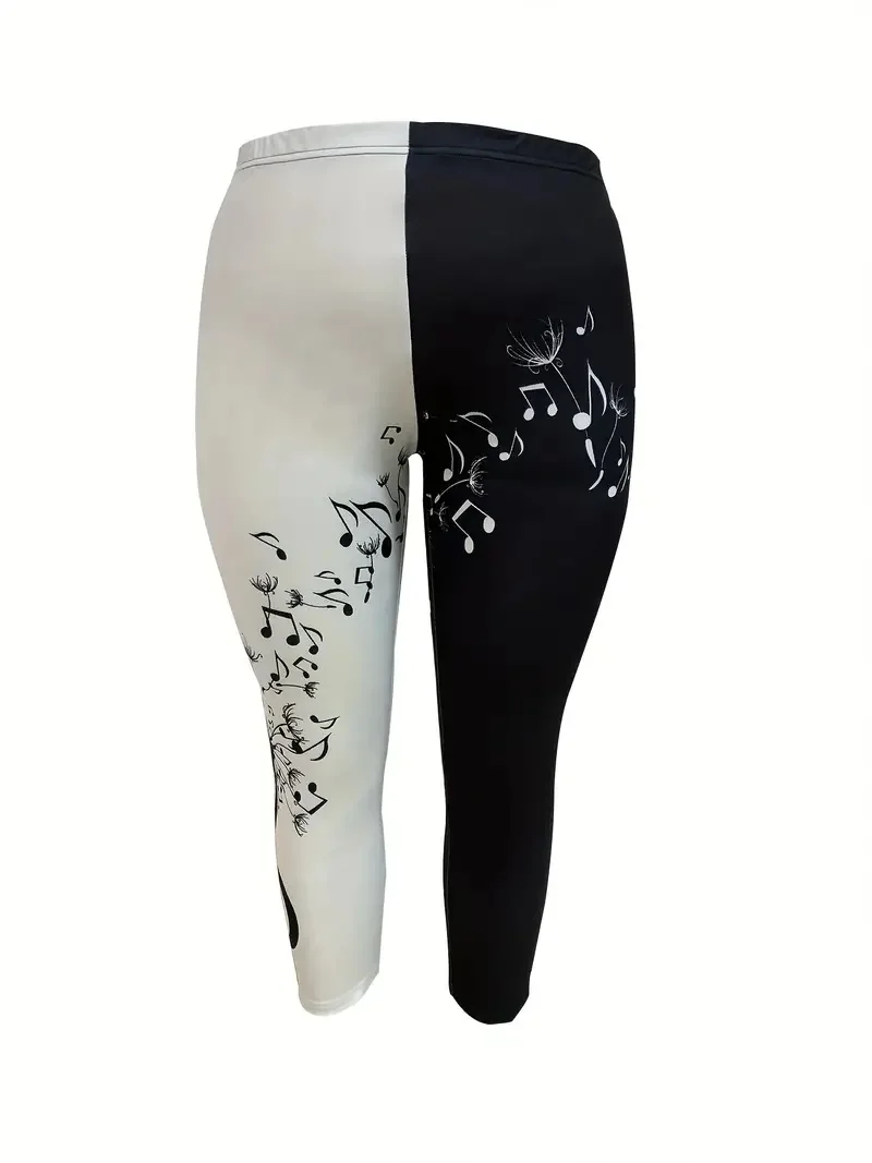 Note Print Stretch slim-fit elastic waist tight casual leggings capri pants for women