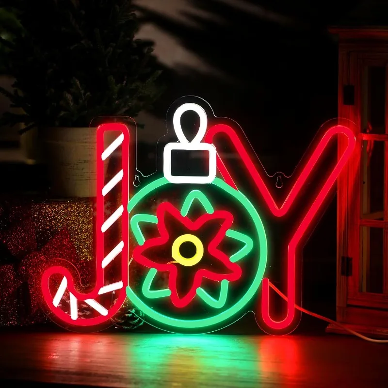 Natal Joy lampu Neon, dekorasi Natal cahaya kamar tanda LED dinding Bar ruang keluarga dekorasi musim dingin untuk pesta