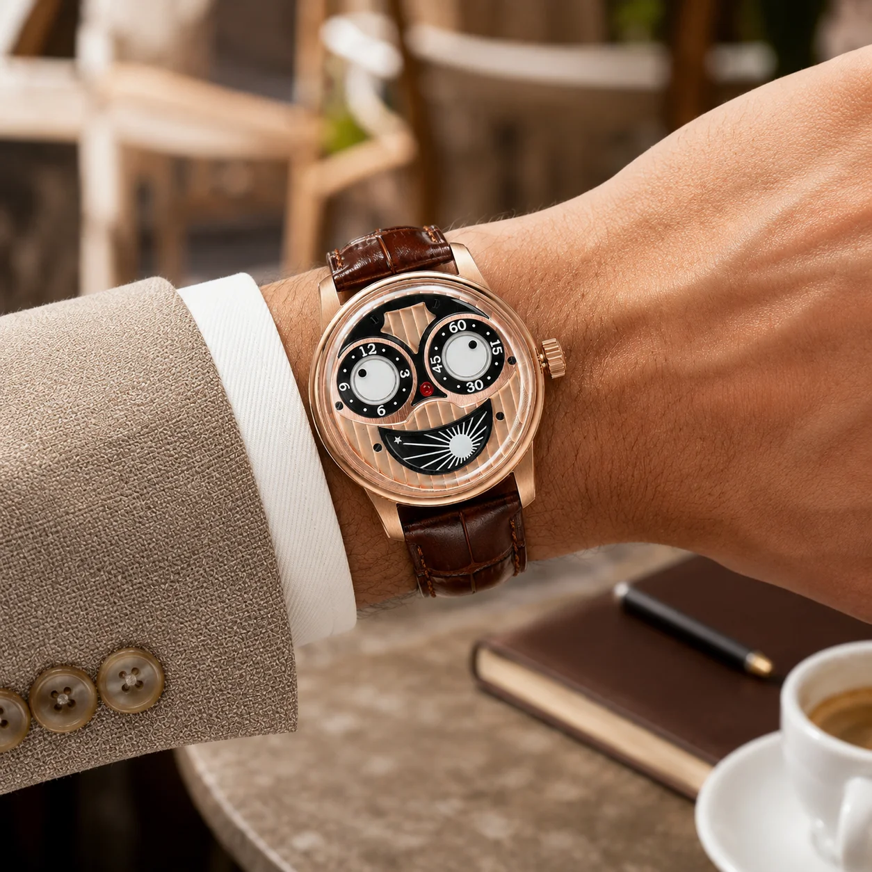 Oblvlo JM-JOKER Series Cool Unique Joker Automatic Rose Gold Self-winding Brown Leather Strap Watches For Sale JM-JK
