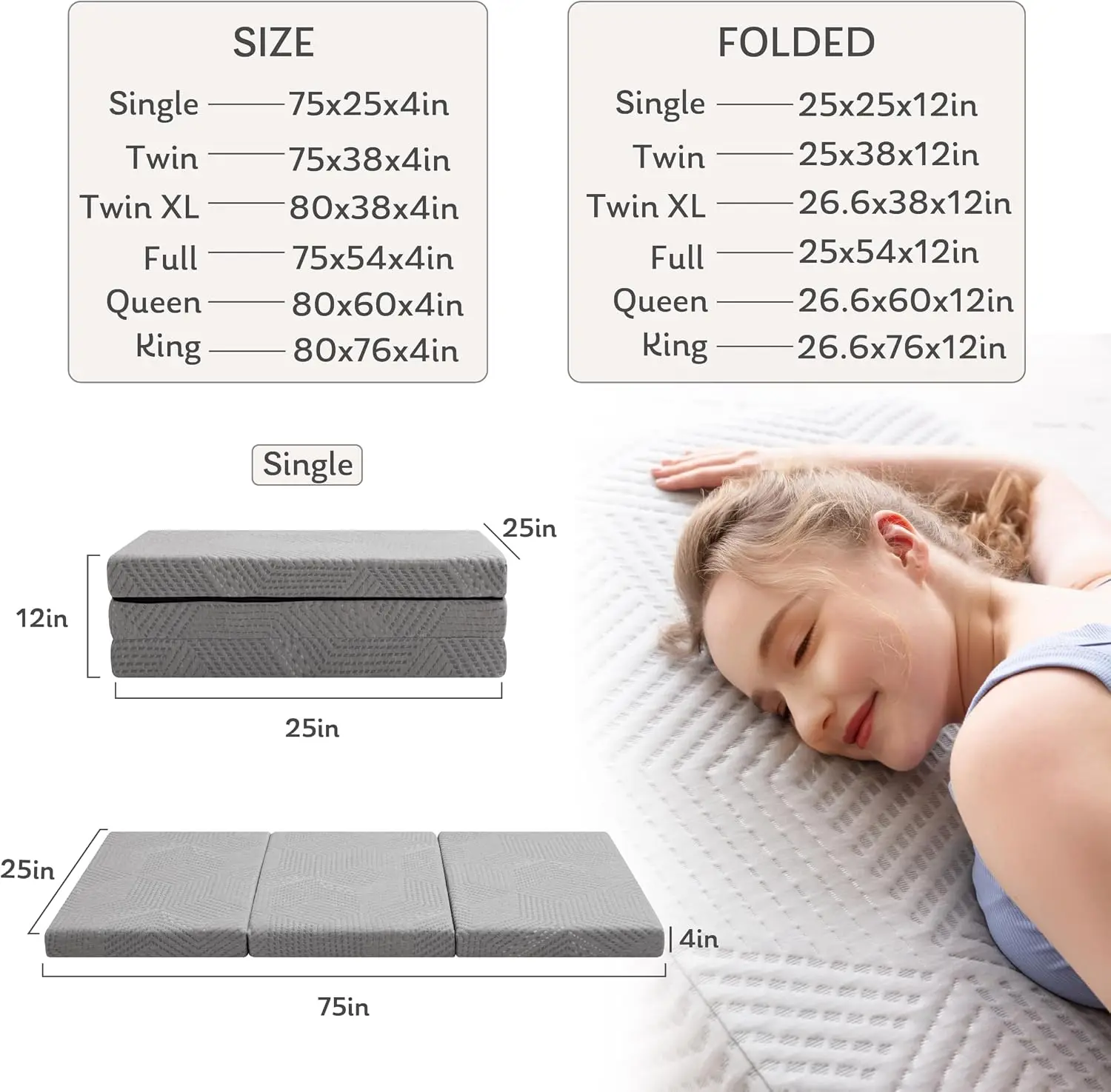 4 Inch Foldable Gel Memory Foam Mattress, Twin Size Trifold Design