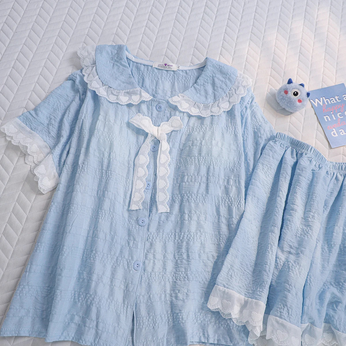 Sweet Princess Style Summer New Japanese Ins Short-sleeved Pajama Set Cute Girl with Chest Pad Loungewear