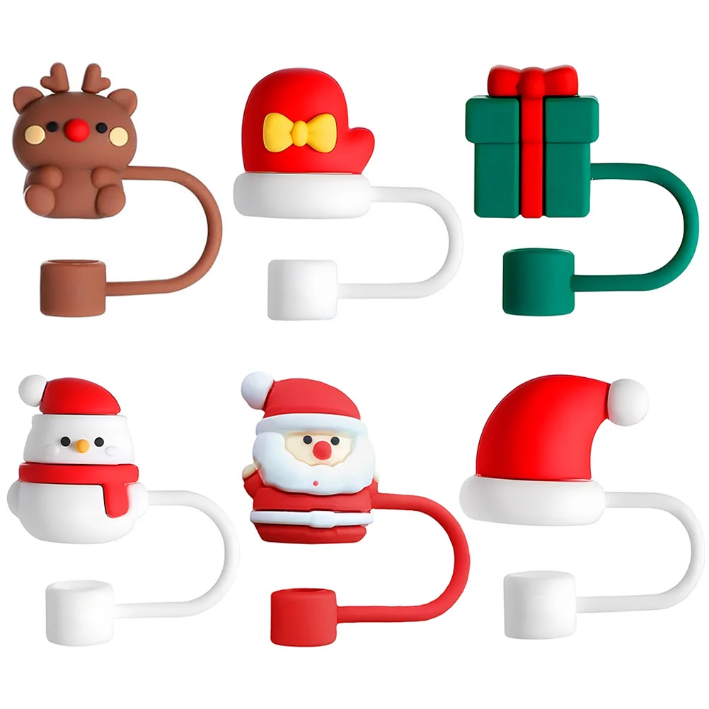 

6Pcs Christmas Straw Caps Cartoon Reusable Silicone Tips Protector Cute Xmas Decor Supplies Christmas Straw Covers